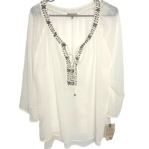 Democracy Sheer Peasant Blouse 1X White Beaded Top V Neck 3/4Sleeves Fairy NEW